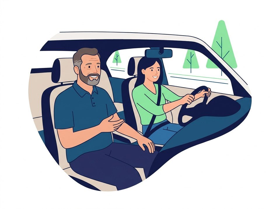 Un moniteur accompagne calmement une élève pendant une leçon de conduite